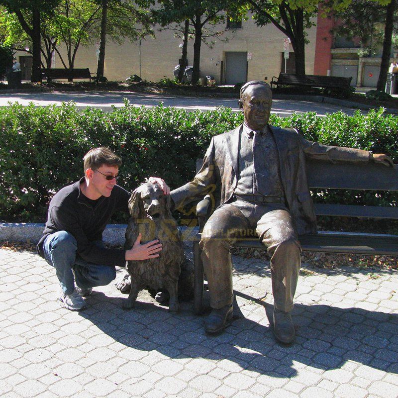 Outdoor garden decor life size bronze sculpture of gentleman and dog