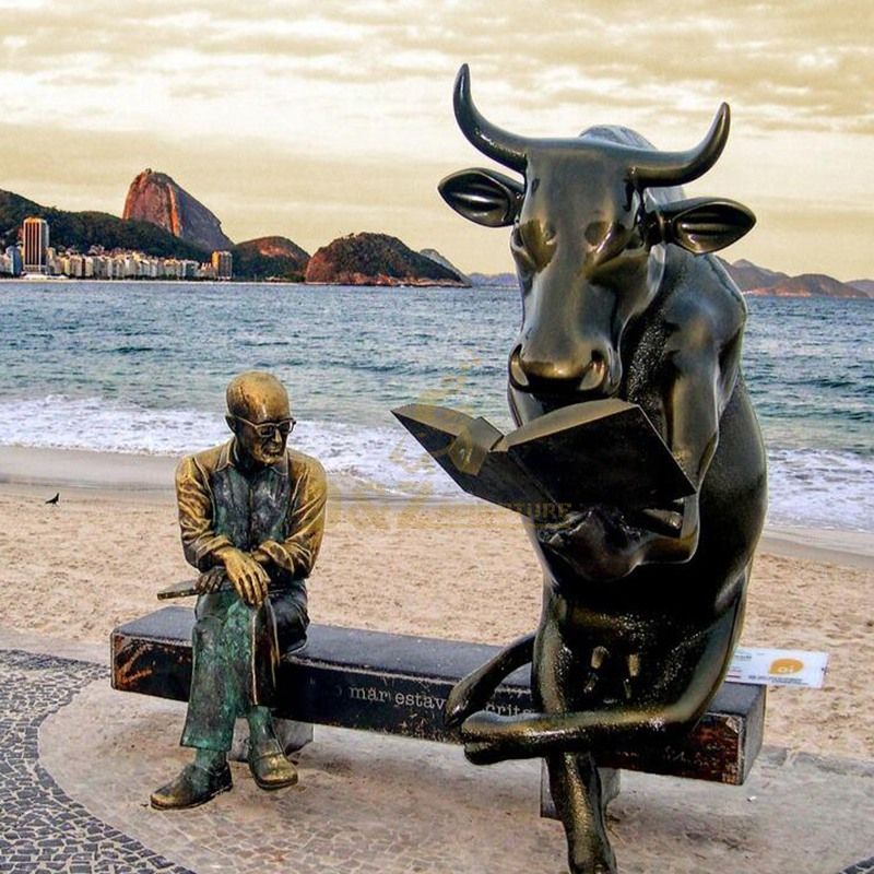 Bronze bull statue park bench character sculpture
