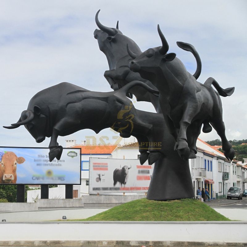 Large outdoor square running bronze bull sculpture