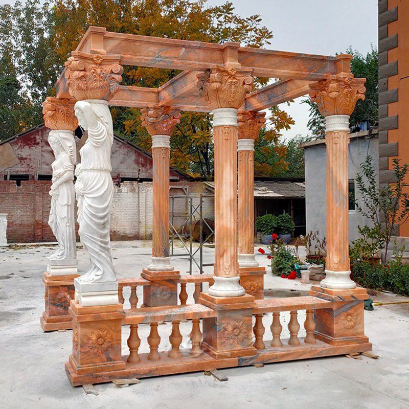 Garden Round Marble Stone Red Figure Sculpture Pavilion Gazebo