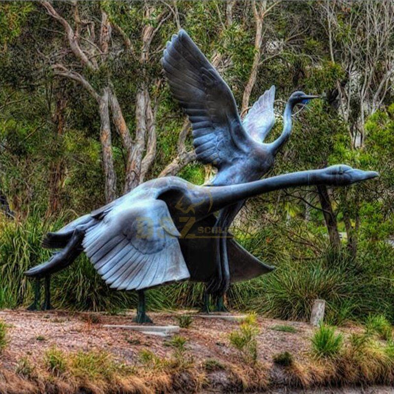 Outdoor bronze flying swan garden bird statue