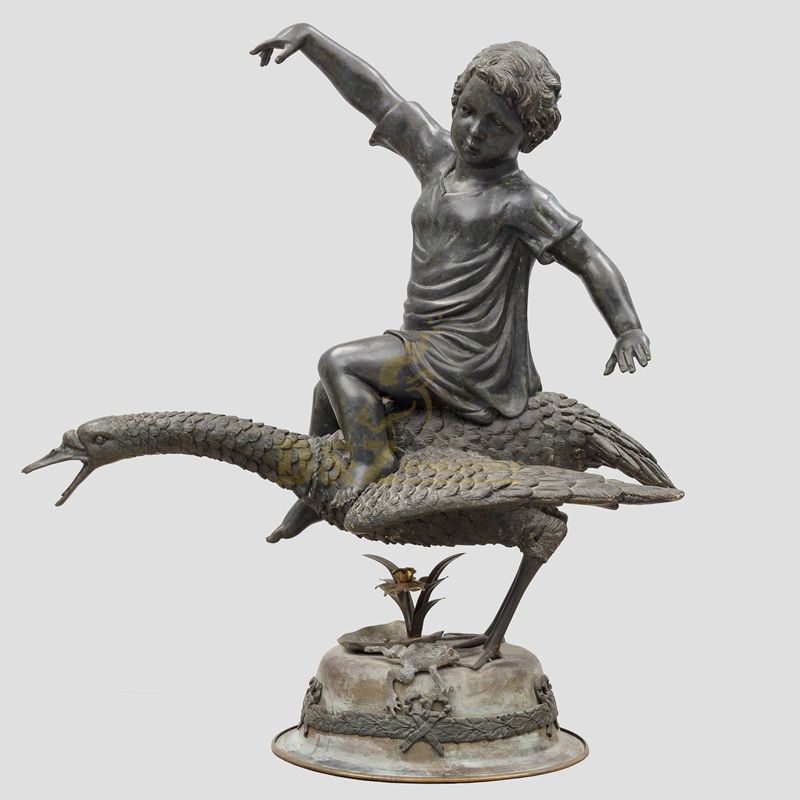 Outdoor child swan bronze water fountain sculpture