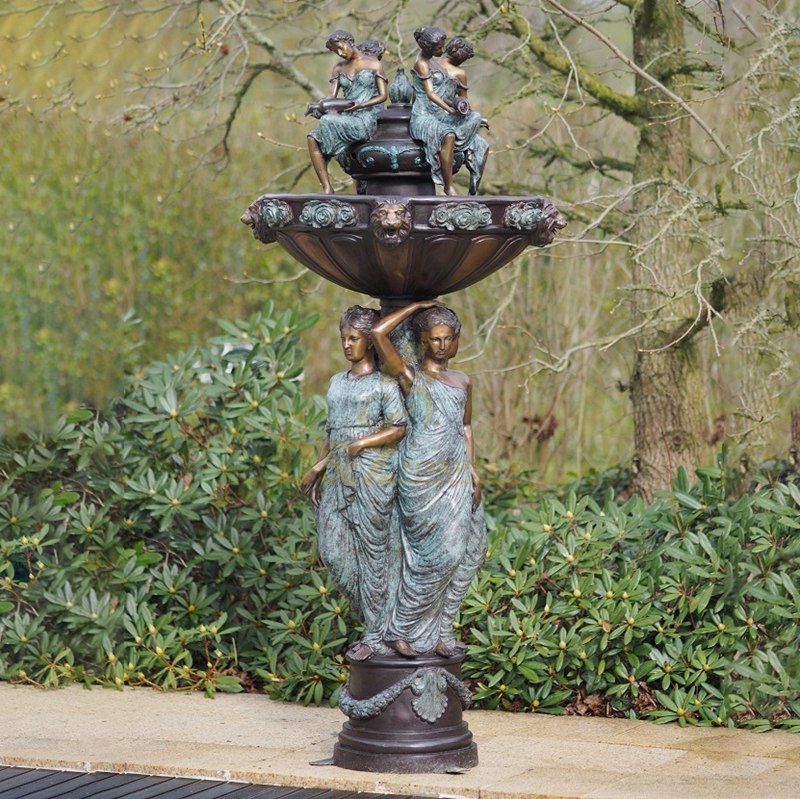 Outdoor child swan bronze water fountain sculpture. 