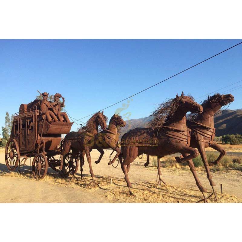 Large outdoor carriage corten steel horse modern sculpture