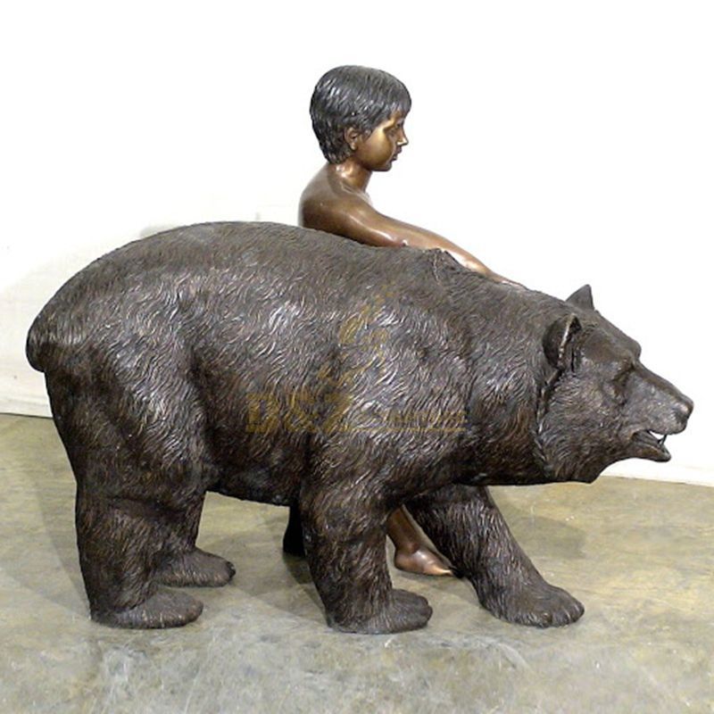Large decorative artwork bronze bear statue and child sculpture