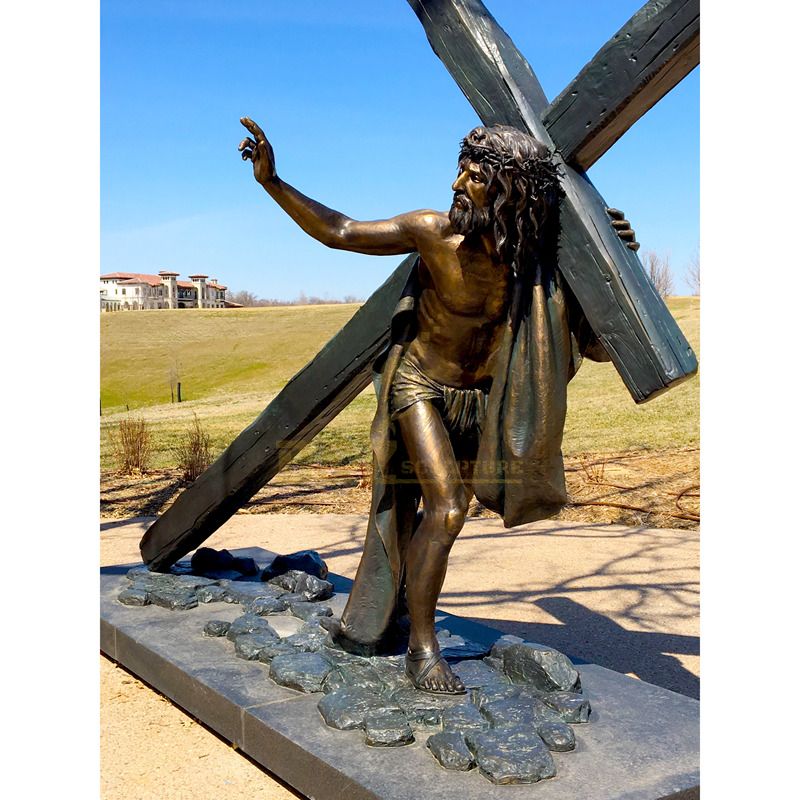 Large Outdoor Bronze Jesus Christ Holding A Cross Sculpture