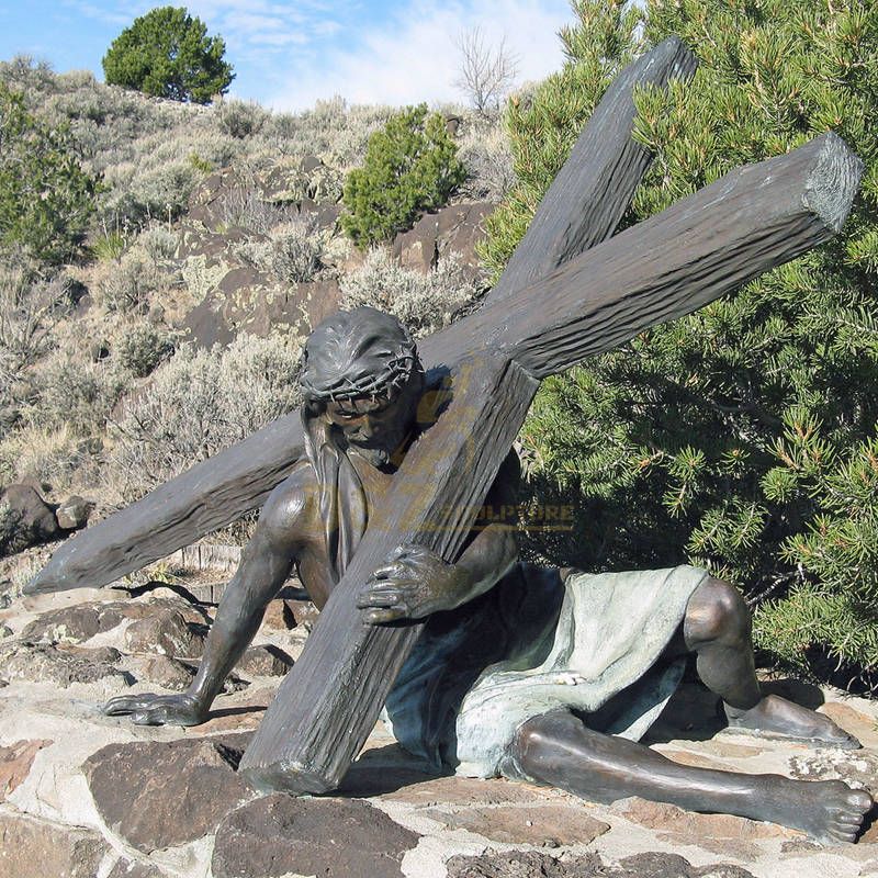 Large Outdoor Bronze Jesus Christ Holding A Cross Sculpture