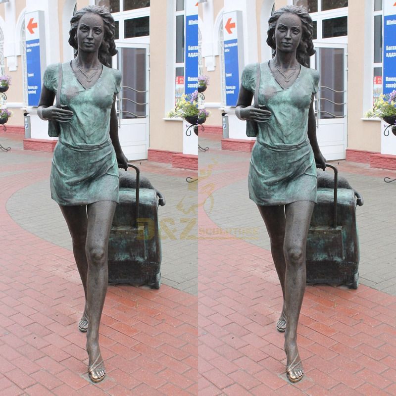 Public outdoor square bronze traveler lady statue for sale