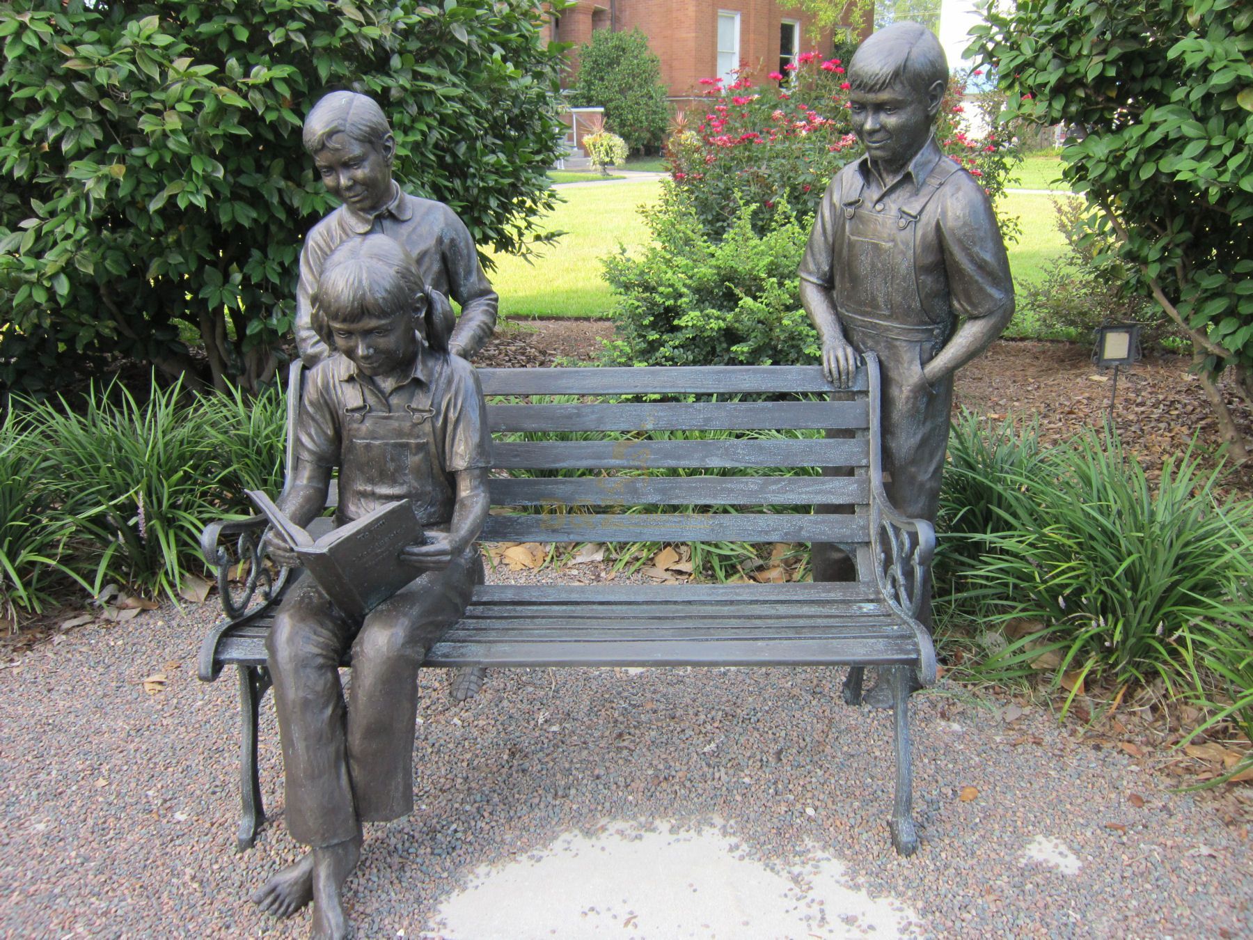 Garden Statue Life Size Bronze Chirldren Reading On Bench Sculptures