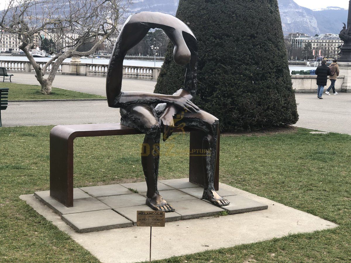 Life size abstract exterior figure statue bronze metal sitting man sculpture