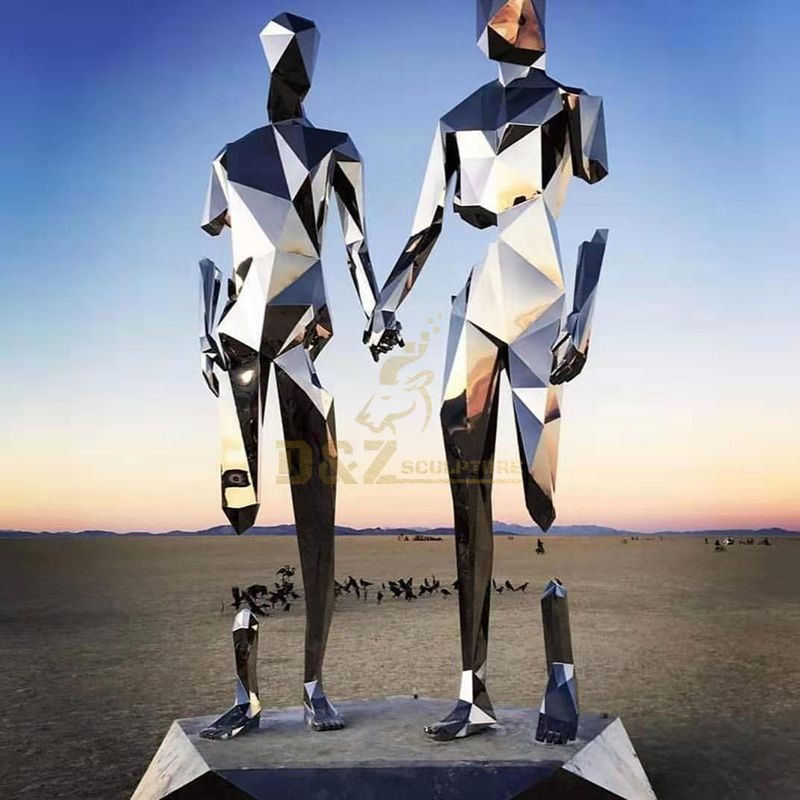 Outdoor Polished Stainless Steel Mosaic Couple Character Sculpture