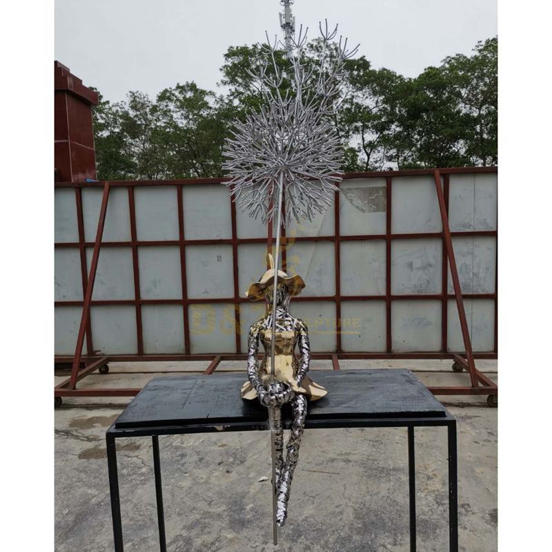 Stainless steel Dandelion sculpture With Girl for Landscape Decoration