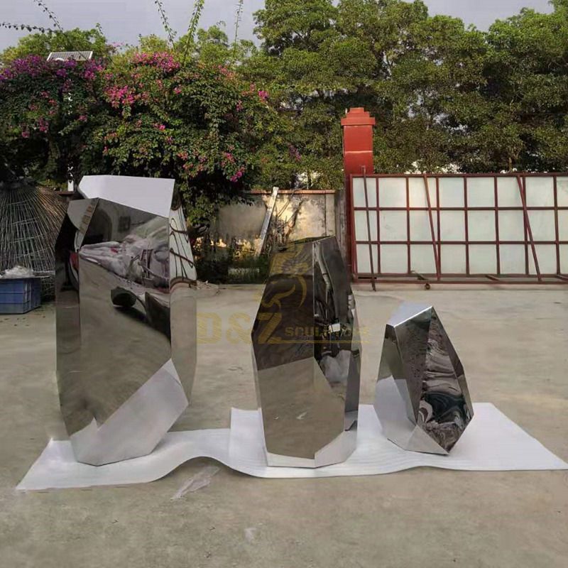 stainless steel metal geometrical mirror stone sculpture