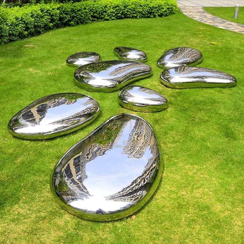 Garden Decor Large Metal Art Abstract Outdoor Mirror Polished Rock Stainless Steel Stones Sculpture