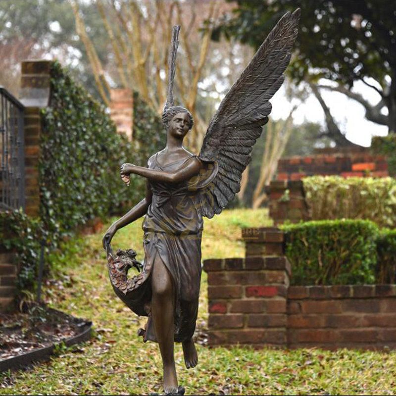 Life Size Bronze Winged Girl Angel Fairy Sculpture With Flowers Statue