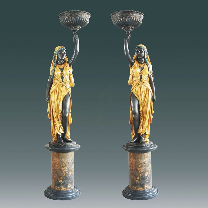 Antique Bronze Woman Statues Indoor Lamp Pillar Pair Copper Sculpture