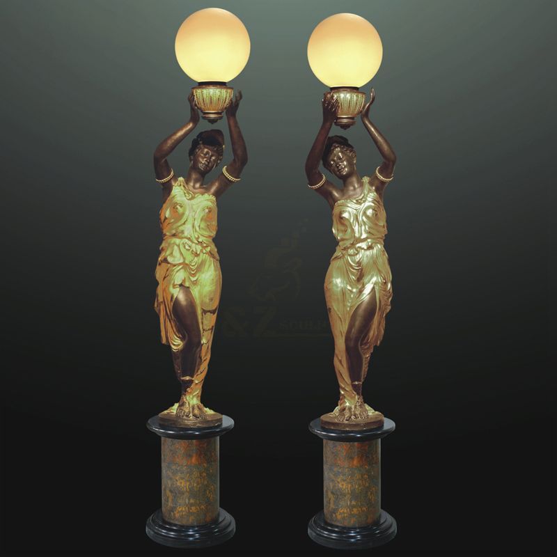 Outdoor Garden Life Size Bronze Lamp Sculpture Of Woman