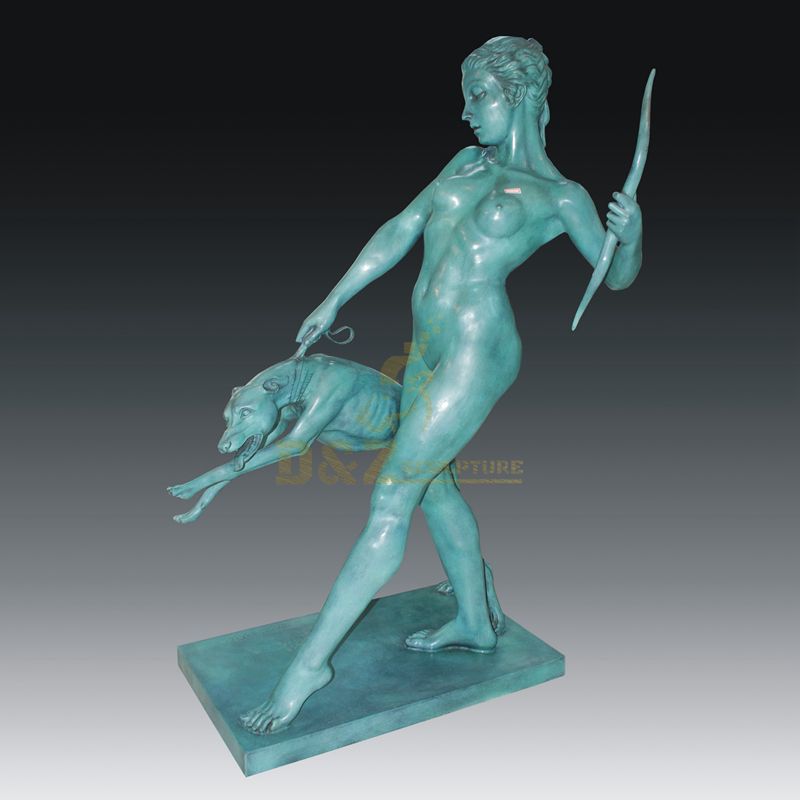 Bronze Dog Training Naked Woman Sculpture