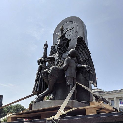 Satanic Temple Protests Ten Commandments Monument With Goat Headed Bronze Statue