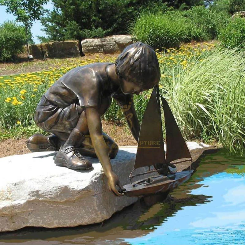 Life Size Cute For Boy With Boat Bronze Brass Sculpture