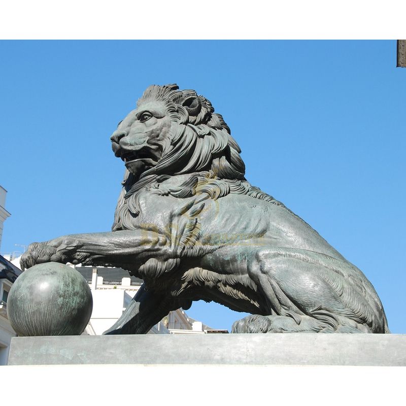 Antique Bronze Lion Statue With Ball
