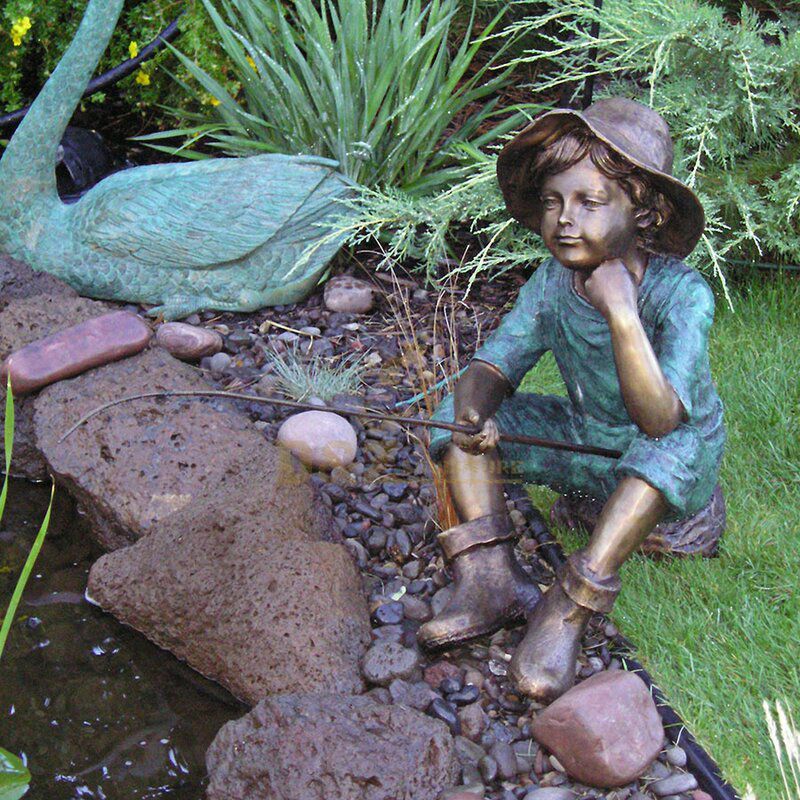 Outdoor little boy fishing garden statue for sale