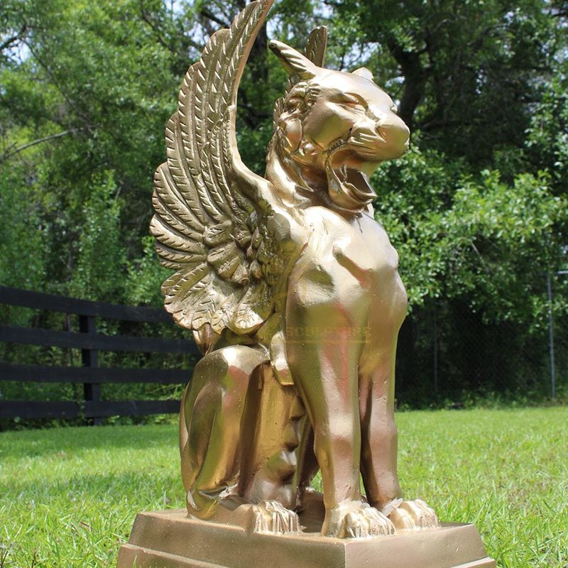 Gargoyle Griffin Statues in Gold Finish with Wings Cat Face Sculptures