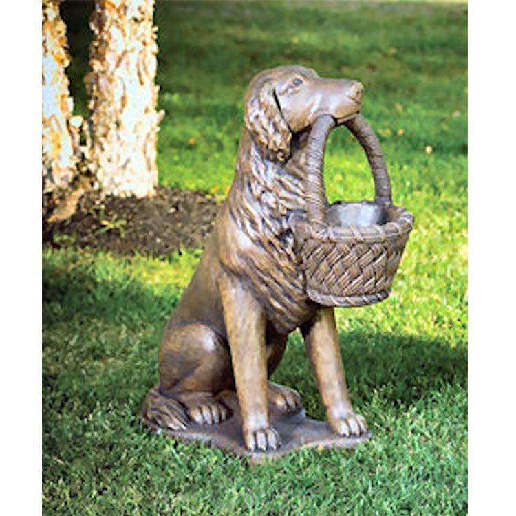 Life size bronze dog with basket garden statue for front porch