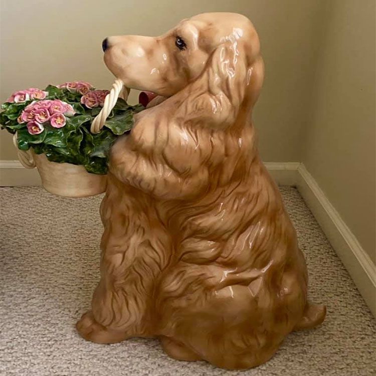 Life size bronze dog with basket garden statue for front porch