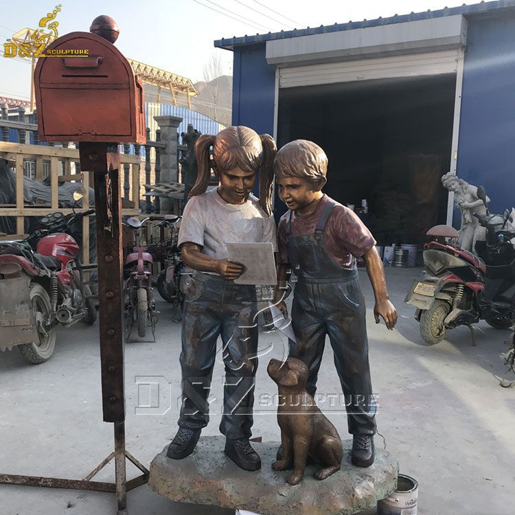 Bronze boy and girl with dog mailbox statue for garden