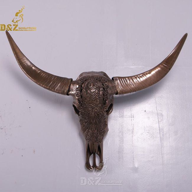large painted bull skull with horns wall decor