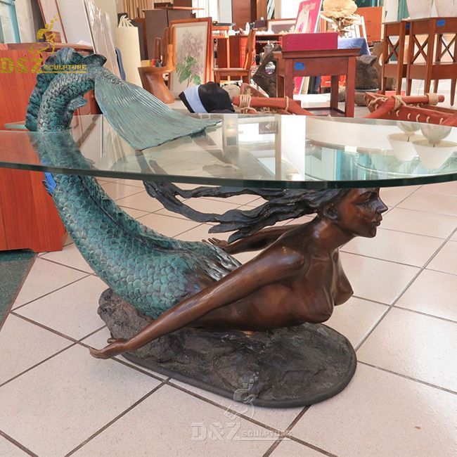 bronze mermaid coffee end table with glass top
