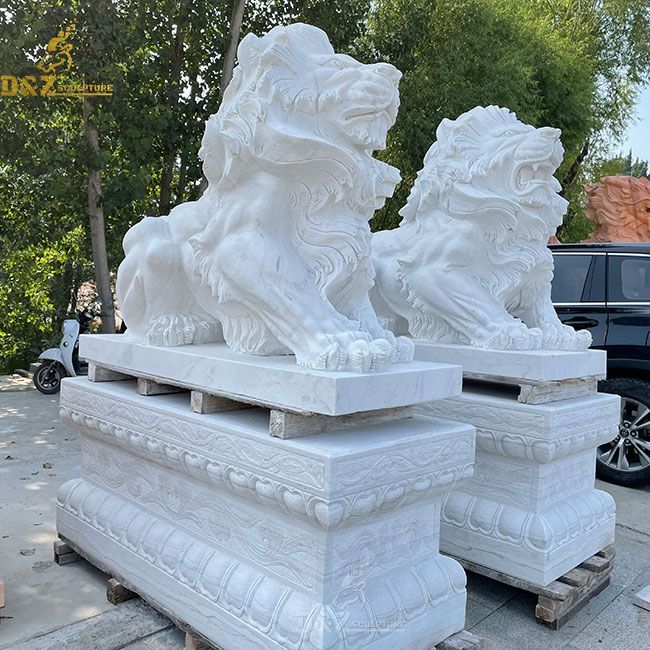 Outdoor sitting white marble lion statue pair