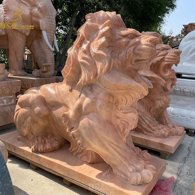large cloudy rosa marble lion statue home decor in front of house