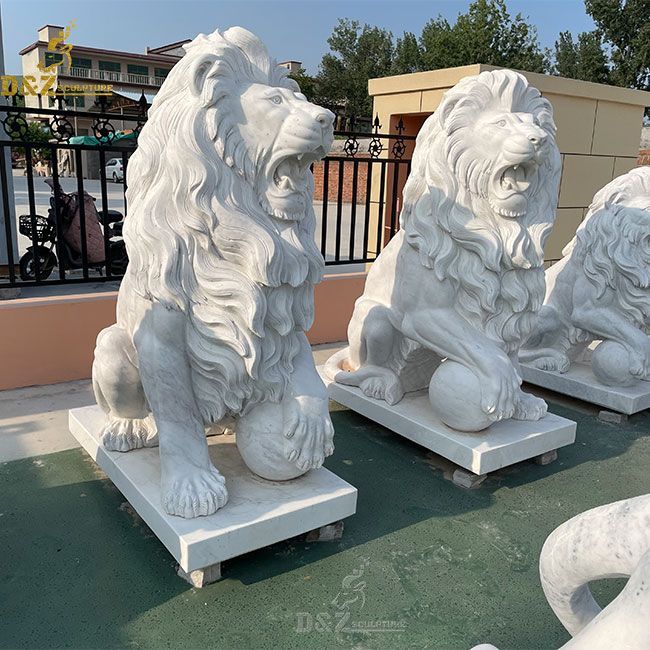 outdoor large white roaring lion with ball statue pair for sale