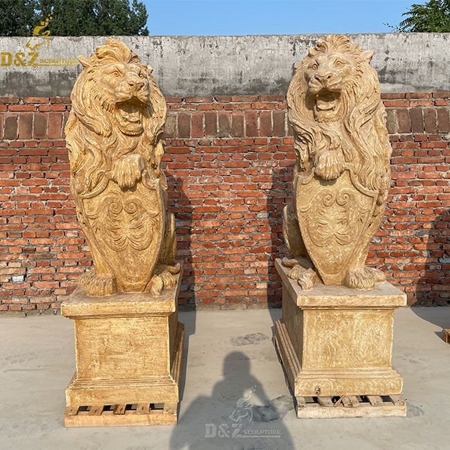 Antique sitting lion with shield marble statue