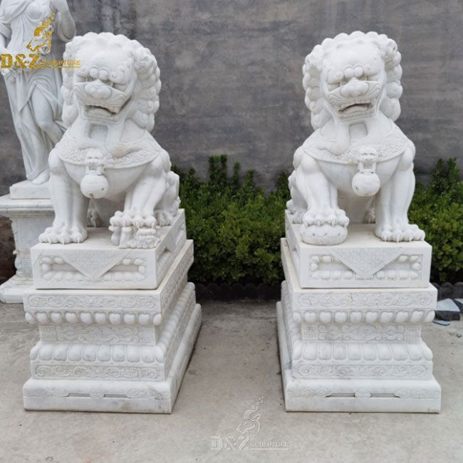 White marble foo dog statue pair outdoor for sale