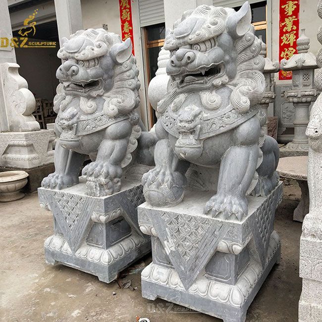 stone outdoor asian lion dog statue pair