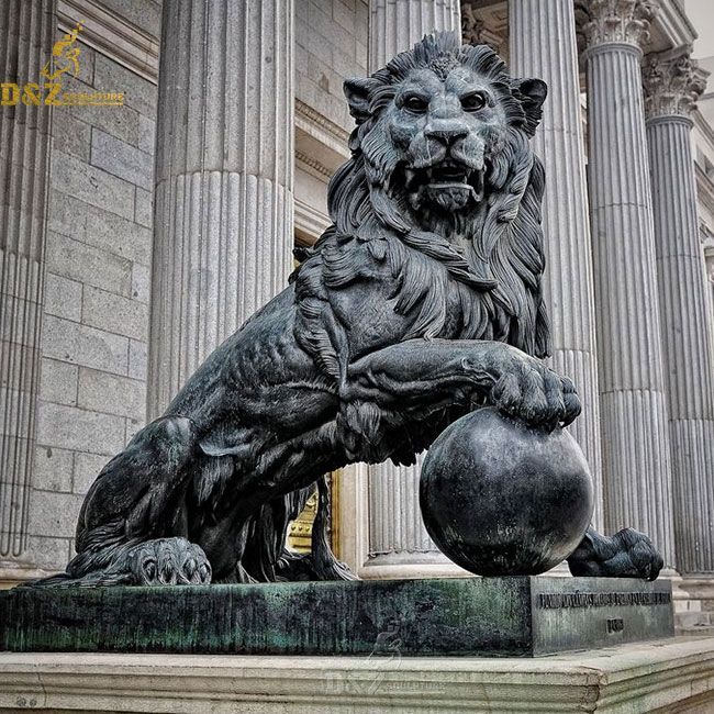 Antique Bronze Lion Statue With Ball