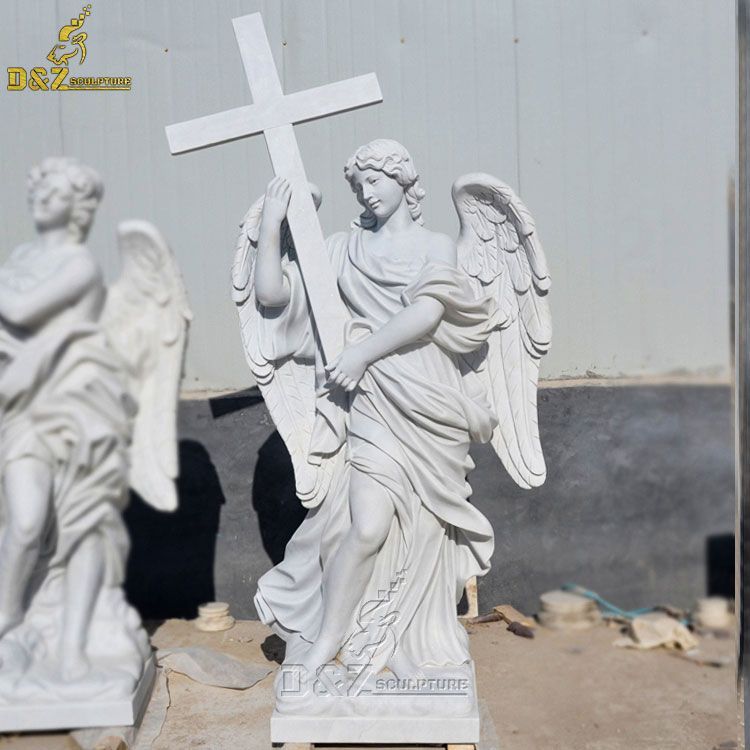White marble angel holding cross statue for sale
