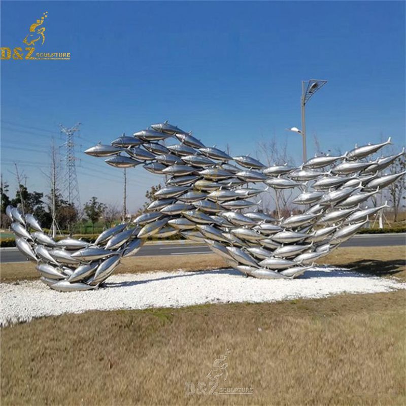 Outdoor large polished stainless steel fishes garden sculpture