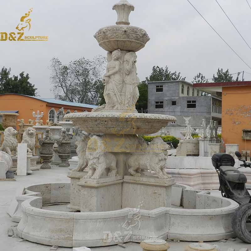 Roman lady water fountain with lion animal statue