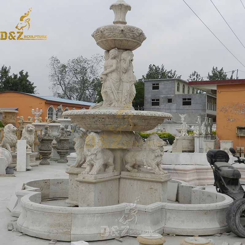 roman lady water fountain with lion animal statue