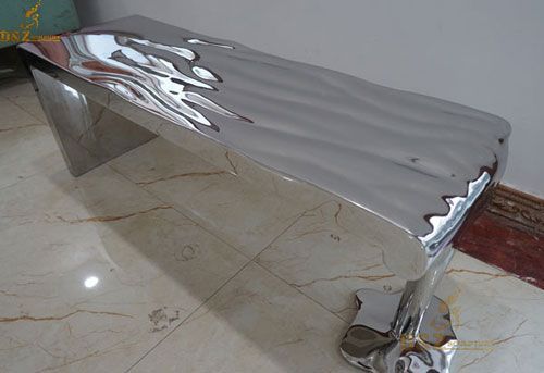 Water waved modern mirrored metal large art deco coffee table