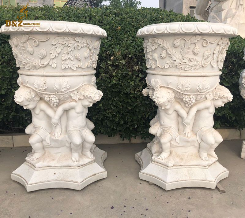 white marble 3 cherub flower pots for front porch DZ-43