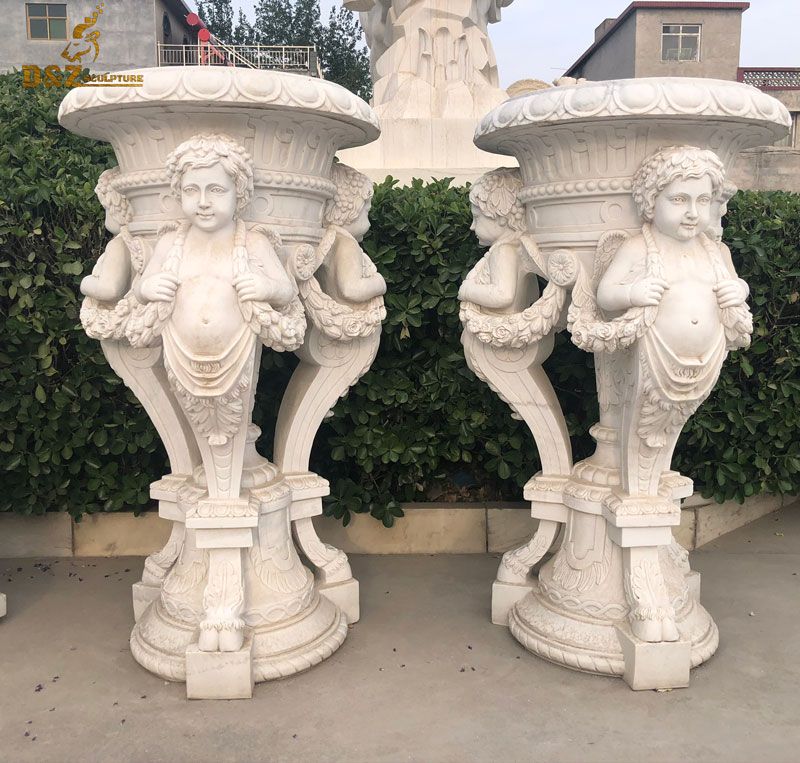 big white stone antic flower pot with angels for sale DZ-44