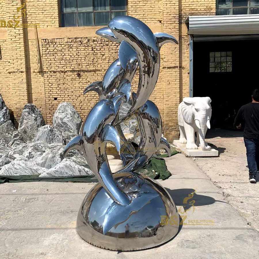 Large 4 metal art dolphin garden statues on half sphere for sale DZ-49