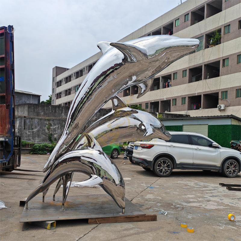 Large outdoor stainless steel dolphin metal statue