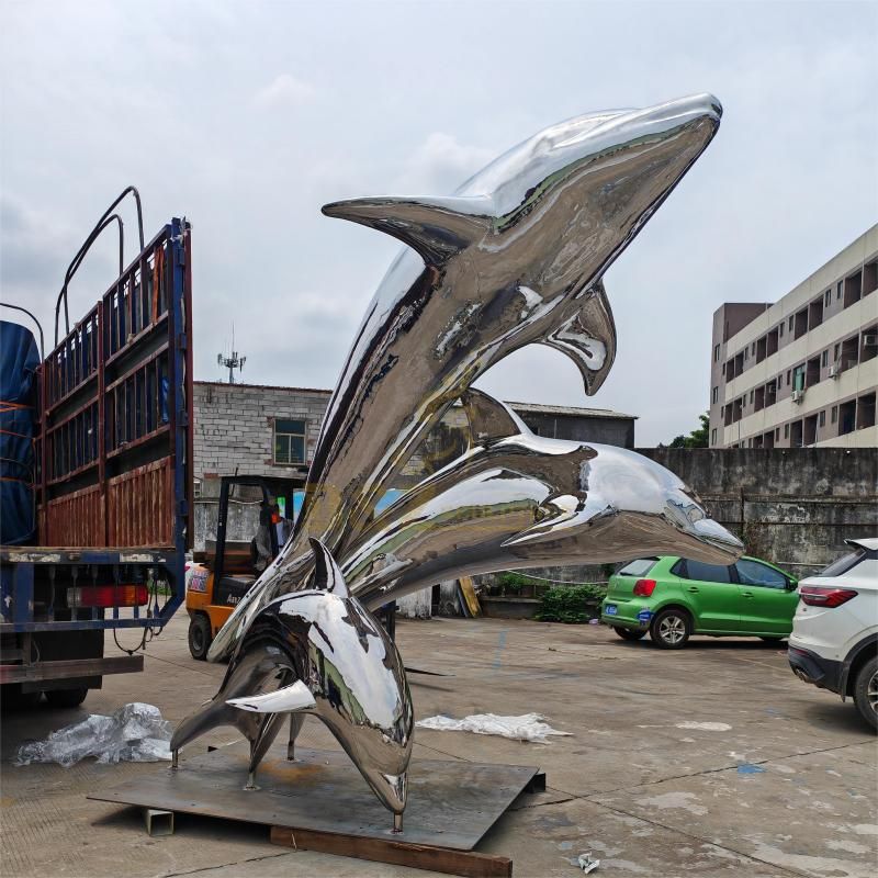 Large outdoor stainless steel dolphin metal statue