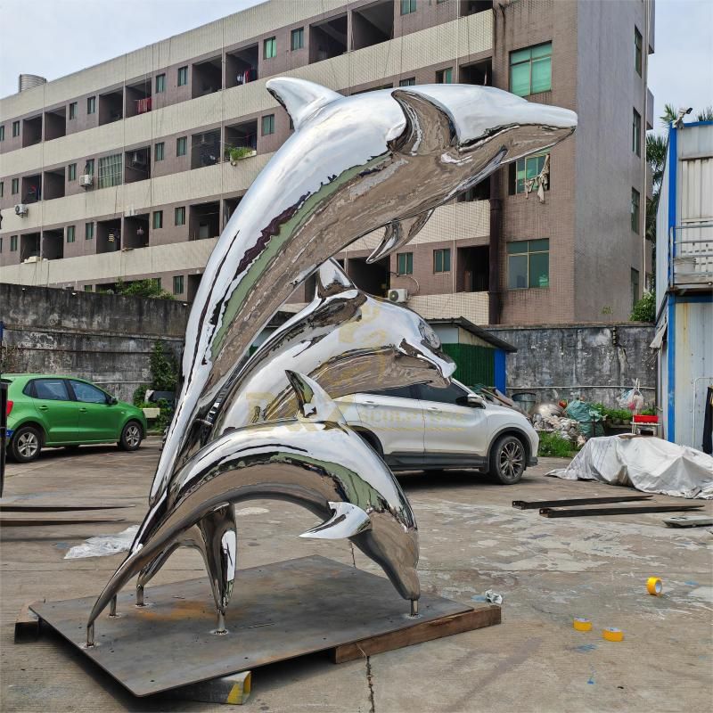 Large outdoor stainless steel dolphin metal statue